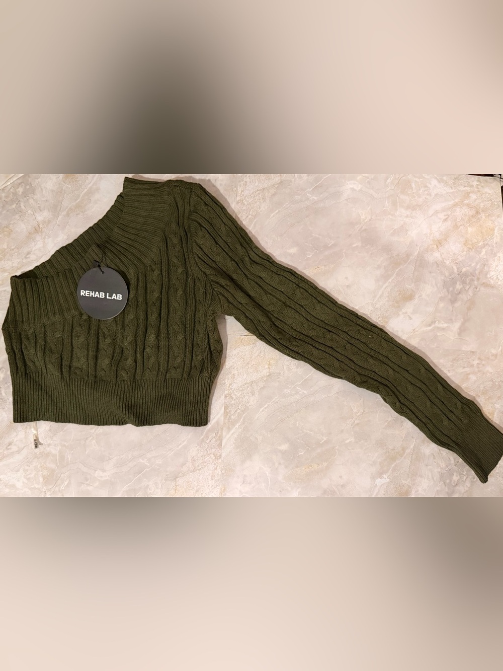 Rehab Lab Olive One-Sleeve Cable-Knit Crew Top